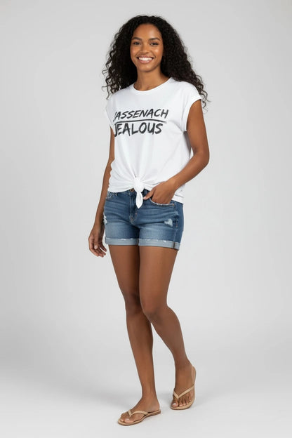 Model wearing Jealous Tee feminist empowerment muscle tee with SASSENACH JEALOUS design by JealousTee
