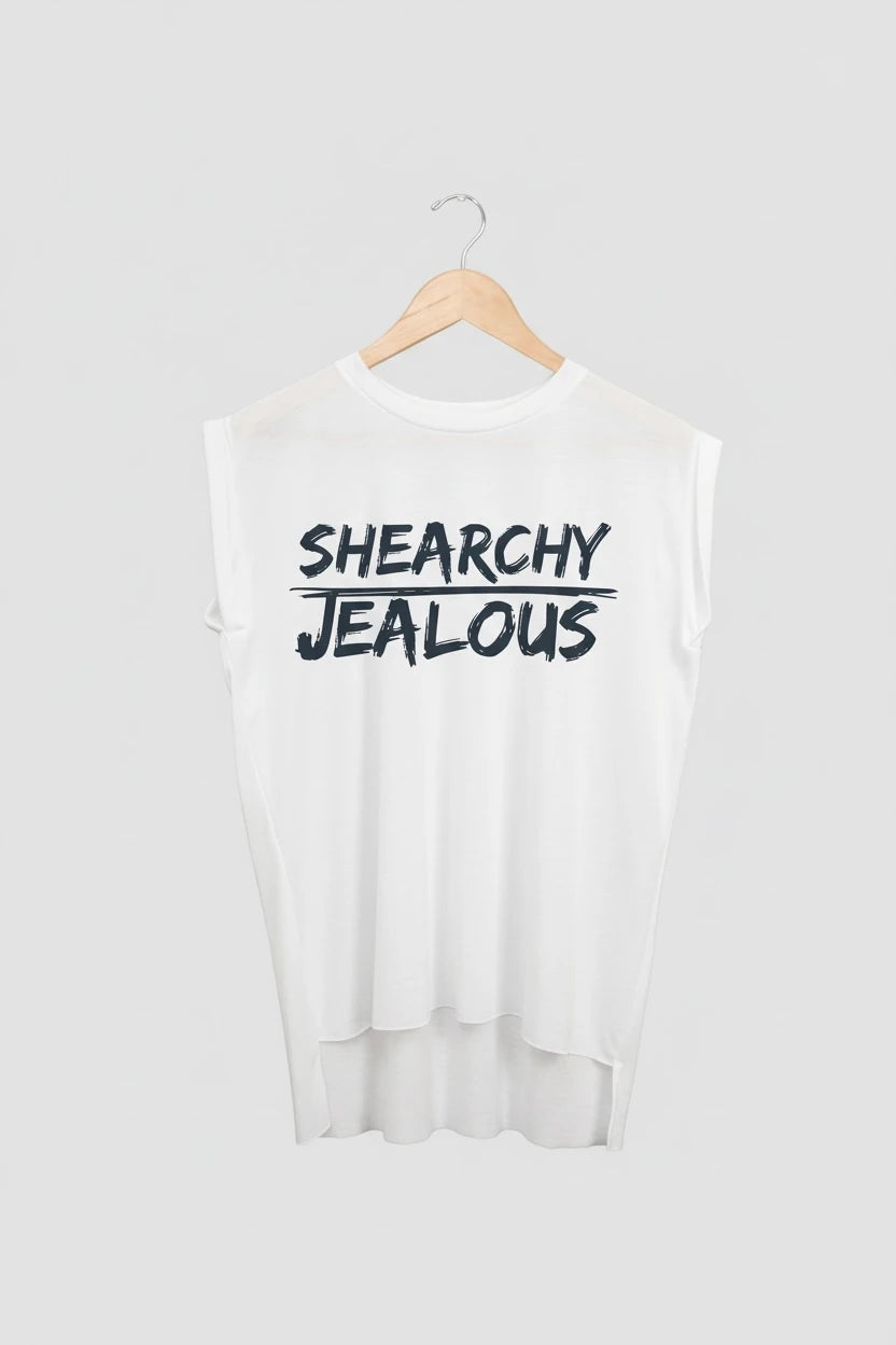 Jealous Tee muscle t-shirt on hanger – SHEARCHY JEALOUS design by JealousTee