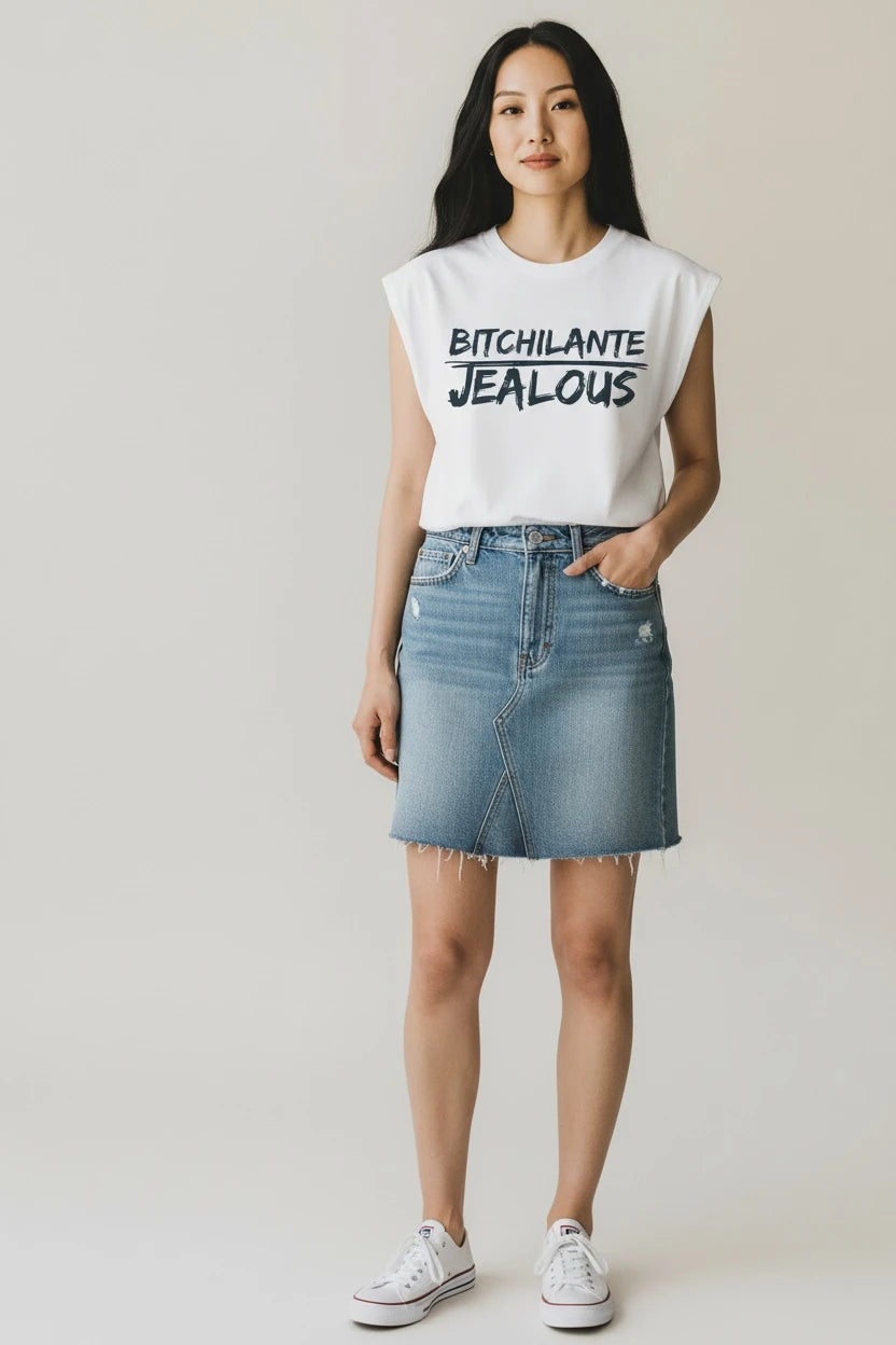 Woman wearing BITCHILANTE JEALOUS progressive muscle tee and jean skirt