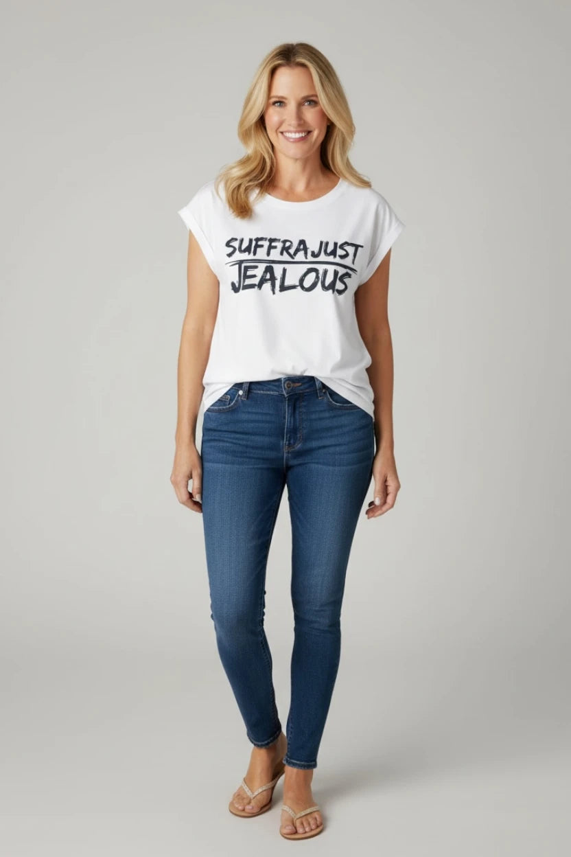 Jealous Tee SUFFRAJUST design by JealousTee women's progressive muscle tee in white
