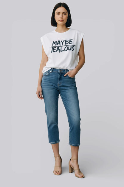 Woman wearing MAYBE JEALOUS progressive muscle tee