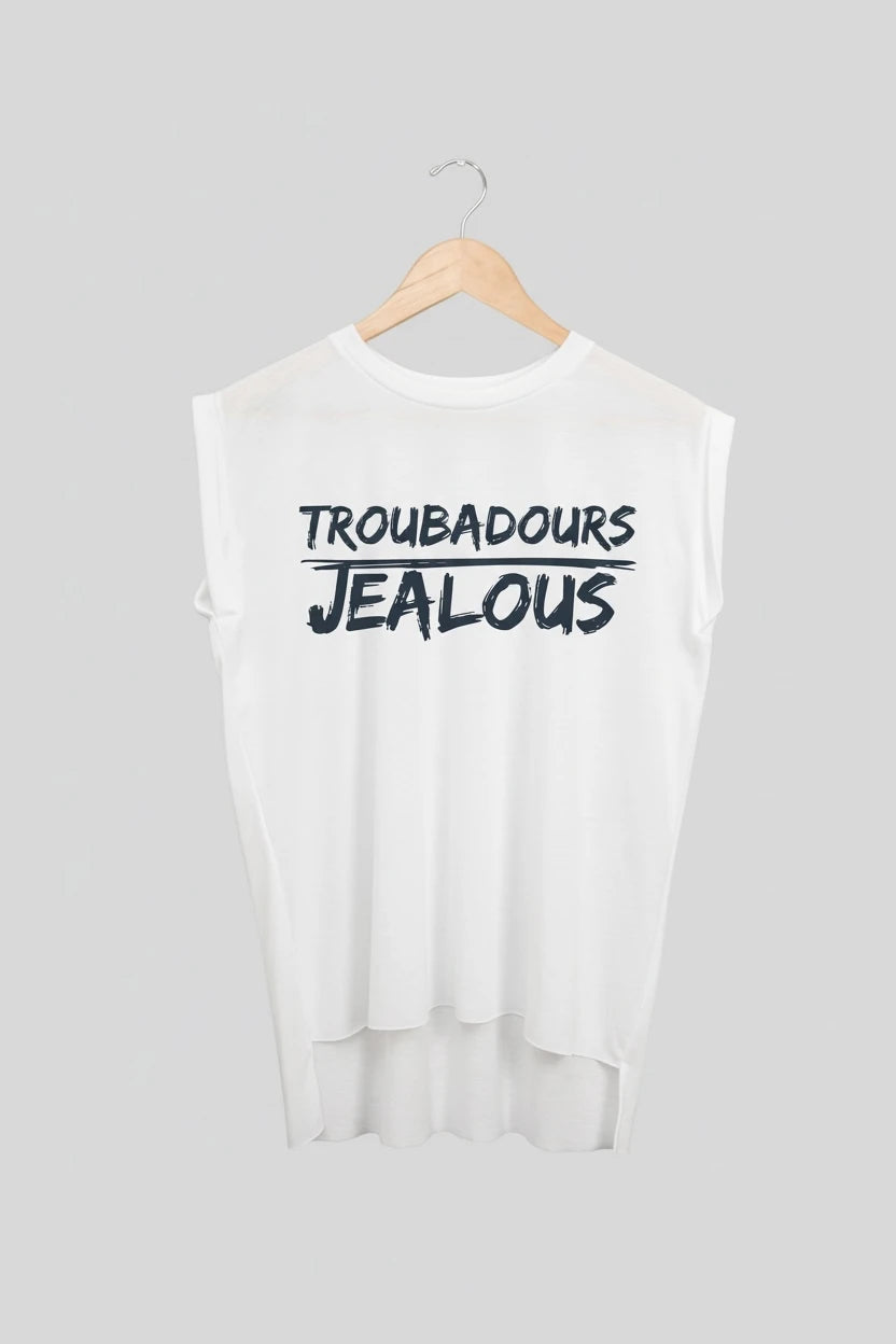 Jealous Tee muscle t-shirt on hanger – TROUBADOURS JEALOUS design by JealousTee