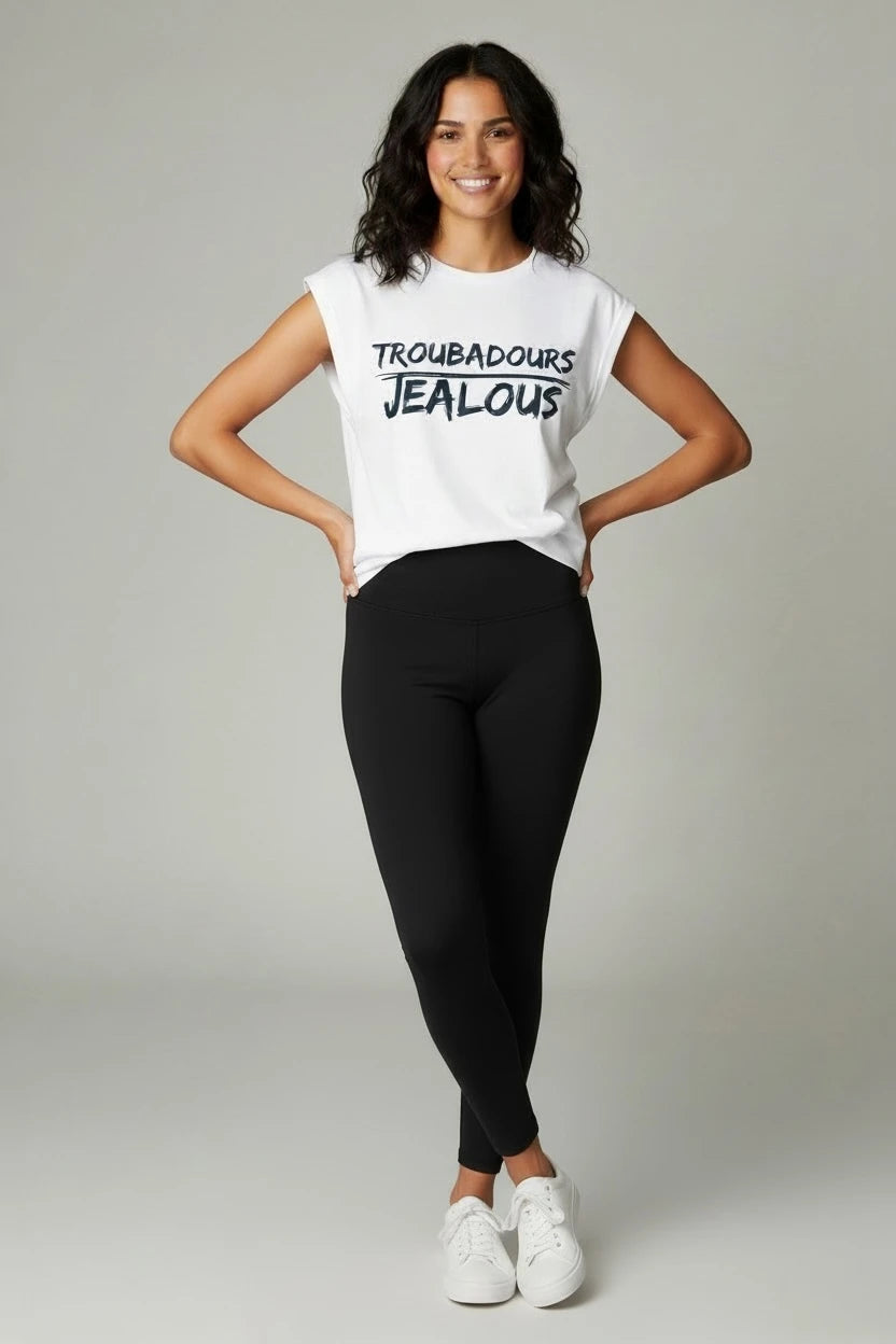 Jealous Tee TROUBADOURS band camp t-shirt with black leggings