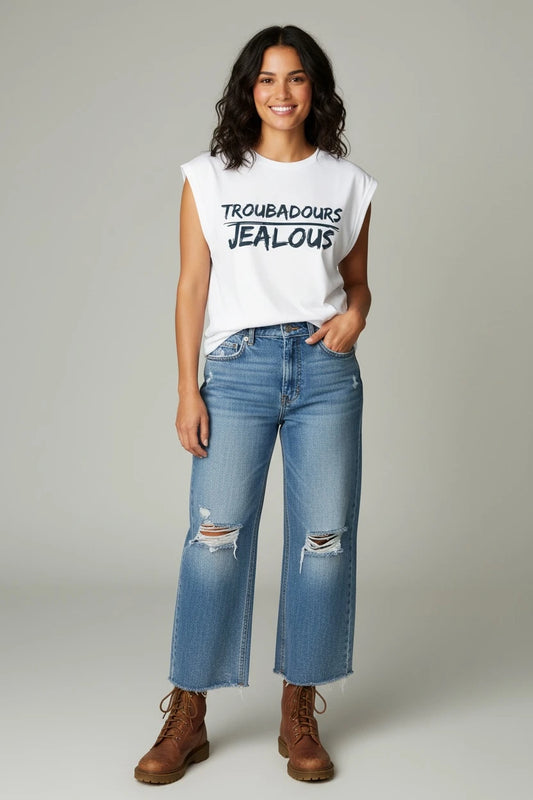 Model wearing Jealous Tee empowerment muscle tee with TROUBADOURS JEALOUS graphic by JealousTee