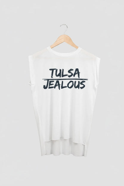 Jealous Tee muscle t-shirt on hanger –TULSA JEALOUS design by JealousTee