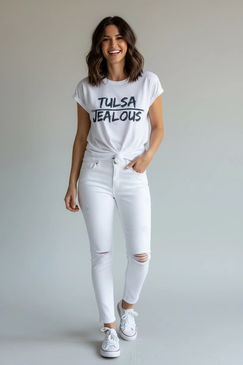 Jealous Tee Tulsa feminist muscle tee by JealousTee with white denim jeans