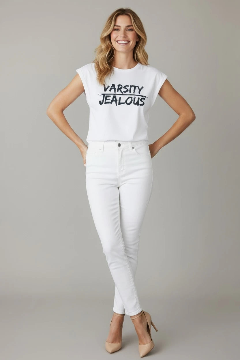 Equality empowerment white muscle tee with VARSITY JEALOUS design