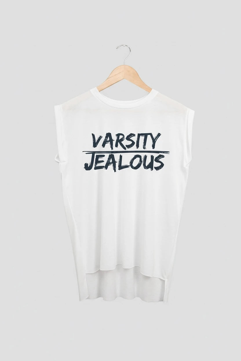 Jealous Tee muscle t-shirt on hanger – VARSITY JEALOUS design by JealousTee