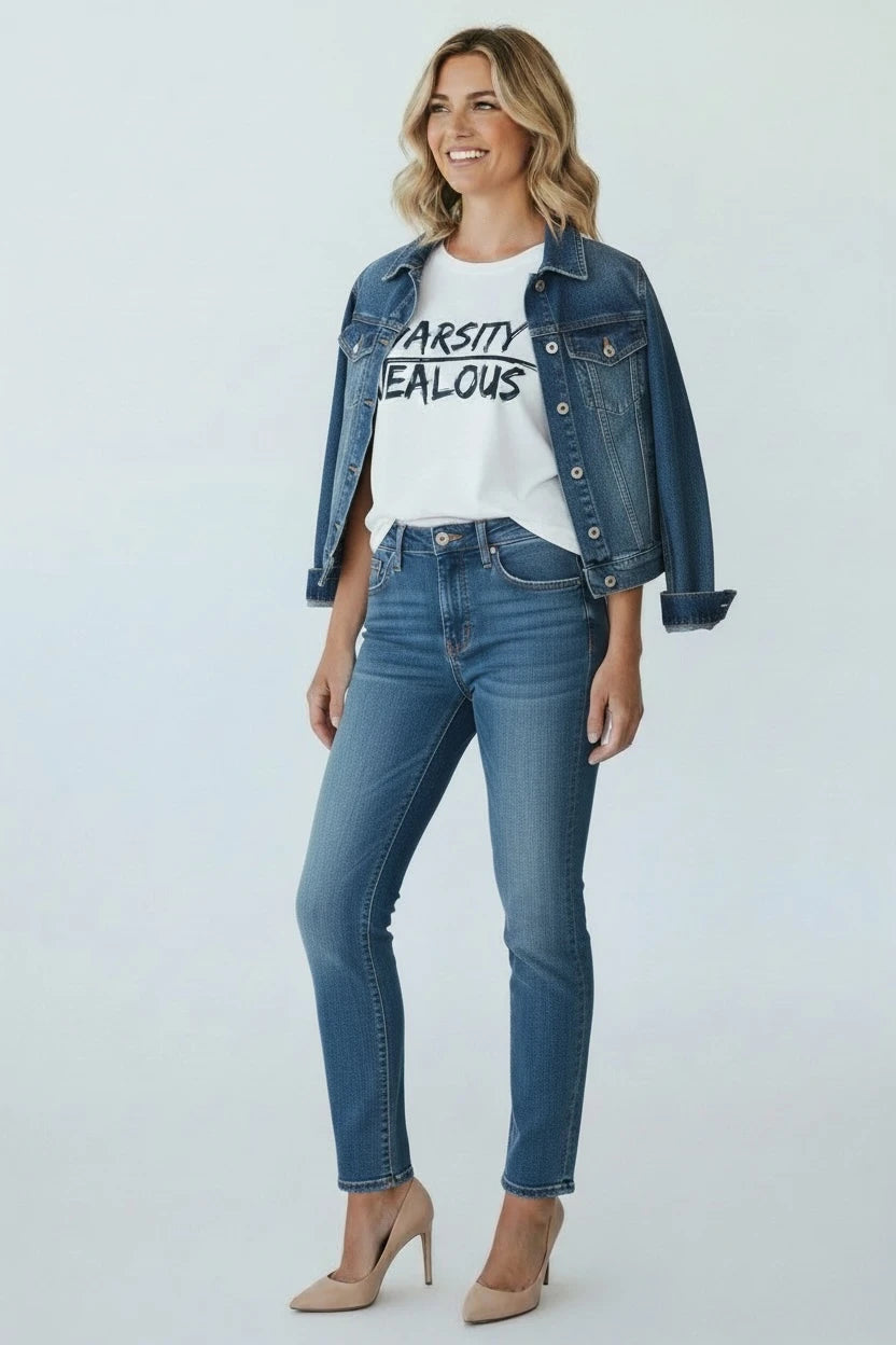 Equality empowerment white muscle tee VARSITY JEALOUS  design with jean jacket