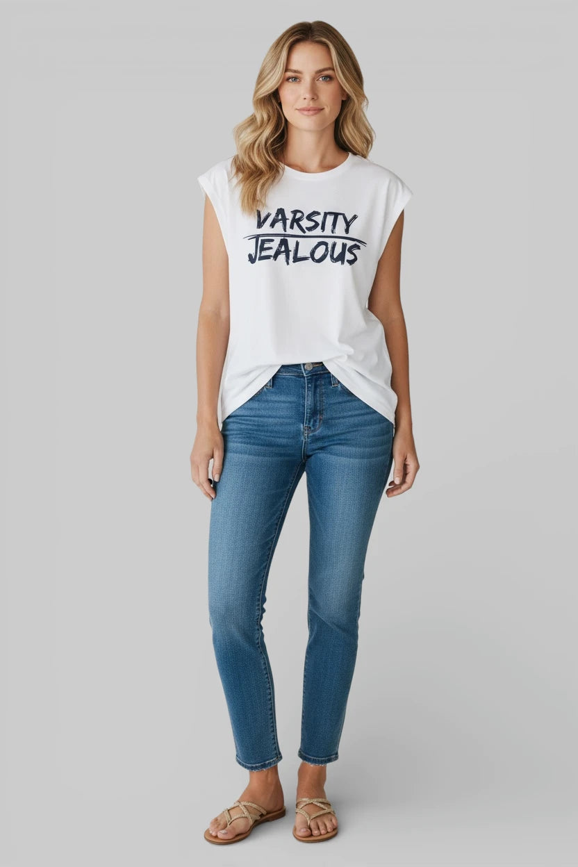 Model wearing Jealous Tee VARSITY JEALOUS empowerment muscle tee designed by JealousTee