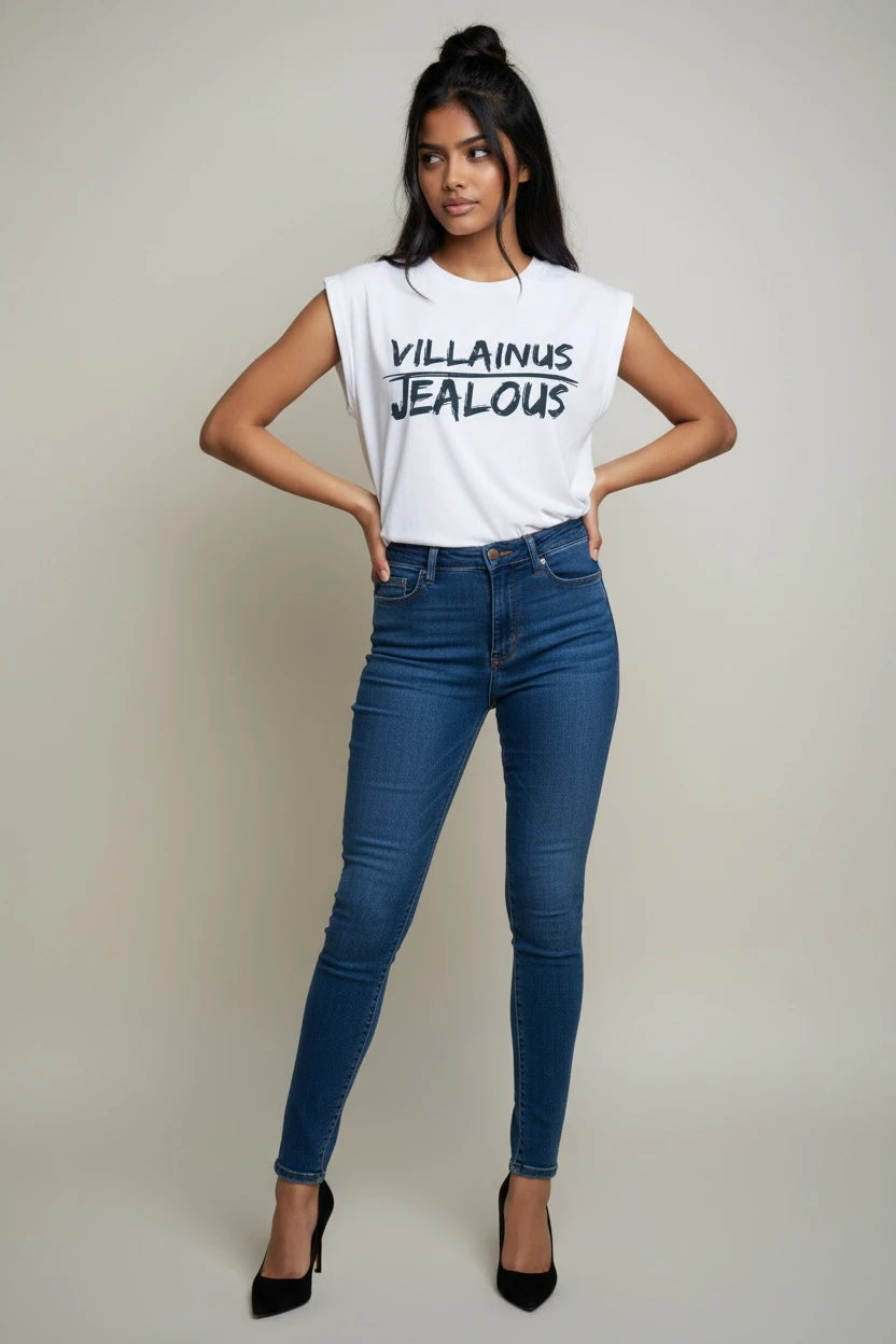 VILLAINUS JEALOUS equality and women's rights white muscle tee with jeans