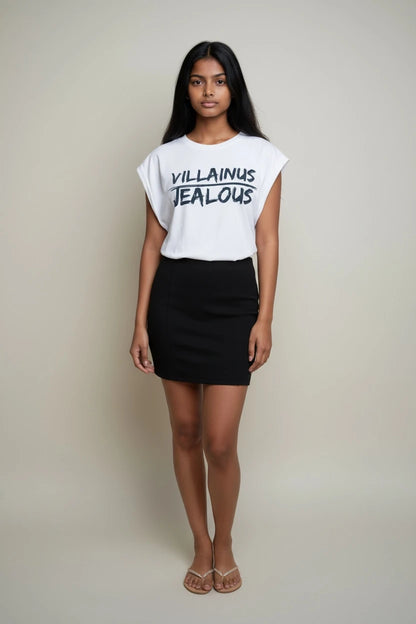 Model wearing Jealous Tee feminist empowerment muscle tee with VILLAINUS JEALOUS graphic