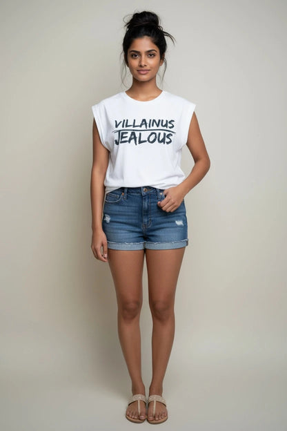 Woman wearing VILLAINUS JEALOUS progressive muscle tee and jean shorts