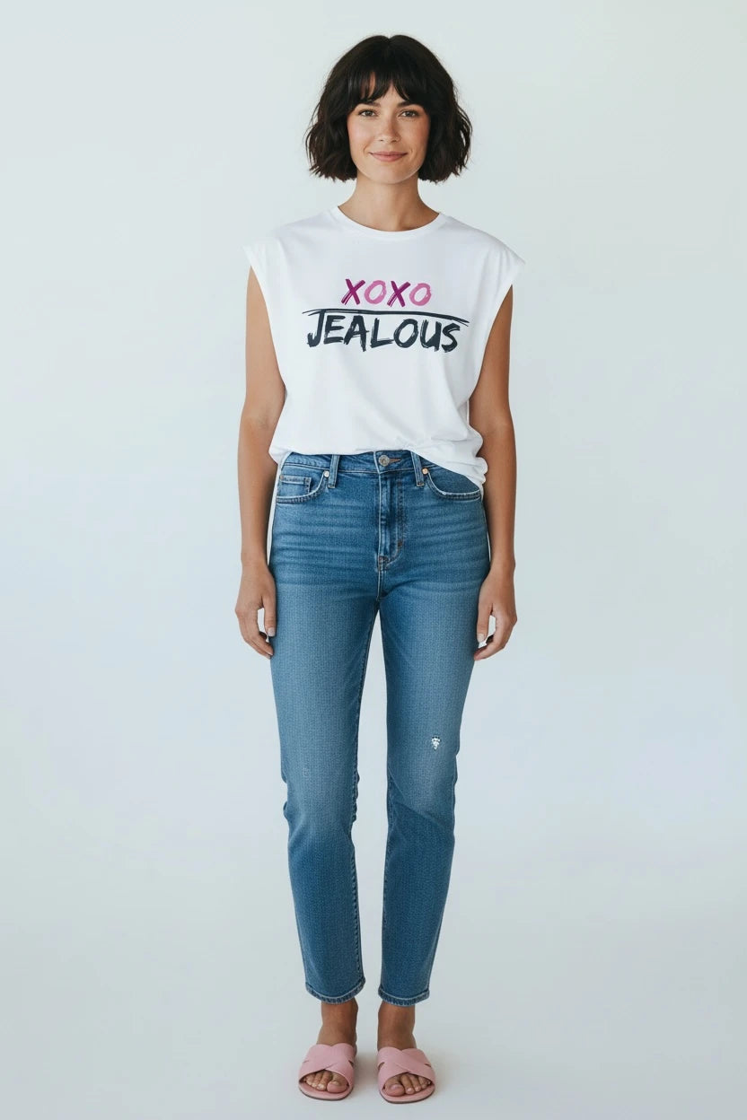 Model wearing Jealous Tee valentine hugs and kisses muscle tee with XOXO JEALOUS design by JealousTee