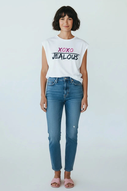 Model wearing Jealous Tee valentine hugs and kisses muscle tee with XOXO JEALOUS design by JealousTee