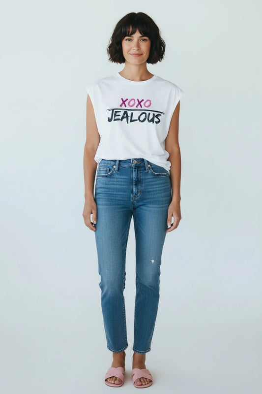 Model wearing Jealous Tee valentine hugs and kisses muscle tee with XOXO JEALOUS design by JealousTee